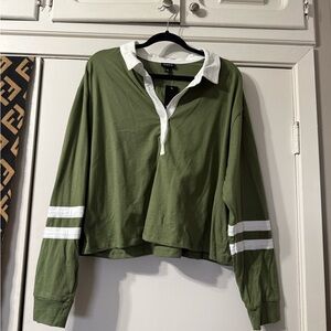 Cropped Green Long Sleeve Polo Shirt with White Stripes